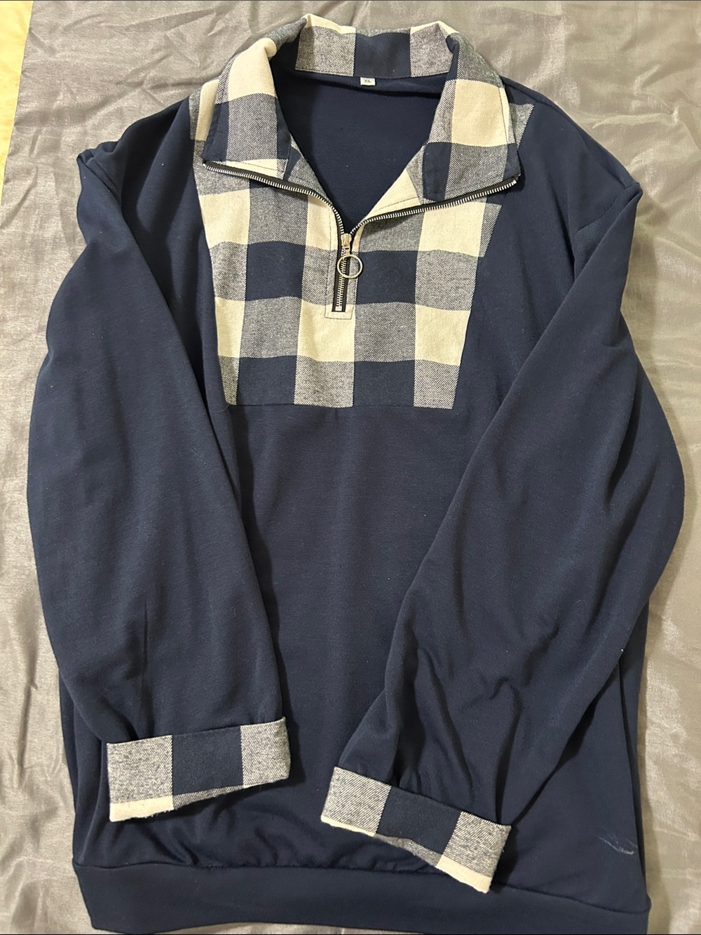 Women’s Navy Quarter-Zip Pullover Sweater with Check Trim